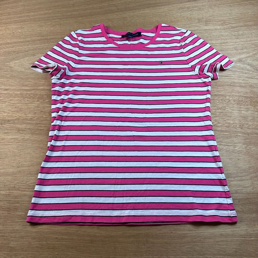 Tommy Hilfiger Pink White Striped Short Sleeve Tee Shirt Women’s Small